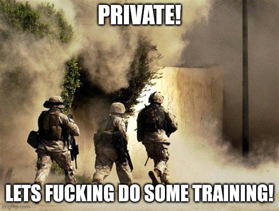 marines run towards the sound of chaos, that's nice! the army ta | PRIVATE! LETS FUCKING DO SOME TRAINING! | image tagged in marines run towards the sound of chaos that's nice the army ta | made w/ Imgflip meme maker