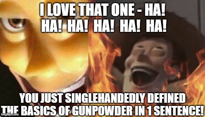 Evil Woody In He!! 3 | I LOVE THAT ONE - HA!  HA!  HA!  HA!  HA!  HA! YOU JUST SINGLEHANDEDLY DEFINED THE BASICS OF GUNPOWDER IN 1 SENTENCE! | image tagged in satanic woody no spacing,cgi,hell,fire and brimstone,hellfire and damnation,toy story | made w/ Imgflip meme maker