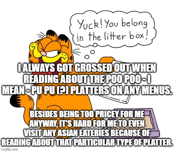 Garfield's Litter Box 3 | I ALWAYS GOT GROSSED OUT WHEN READING ABOUT THE POO POO - I MEAN - PU PU (?) PLATTERS ON ANY MENUS. BESIDES BEING TOO PRICEY FOR ME ANYWAY,  | image tagged in yuck garfield,garfield the cat,litter box,yucky,feline,cat stuff | made w/ Imgflip meme maker