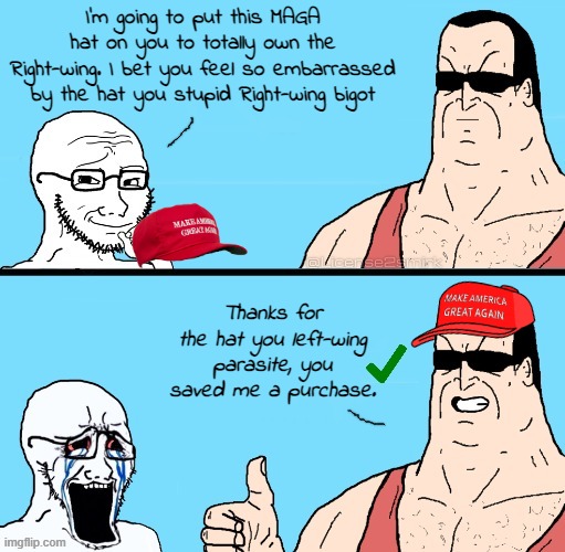 The left think that adding a maga hat to a wojak is owning the Right. The left Can't Meme, they just can't | I'm going to put this MAGA hat on you to totally own the Right-wing. I bet you feel so embarrassed by the hat you stupid Right-wing bigot; Thanks for the hat you left-wing parasite, you saved me a purchase. | image tagged in the,left,cant,meme | made w/ Imgflip meme maker