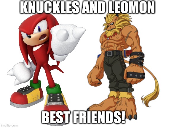 Knuckles and Leomon is another fantastic dynamic duo | KNUCKLES AND LEOMON; BEST FRIENDS! | image tagged in blank white template,crossover,sonic the hedgehog,knuckles,digimon | made w/ Imgflip meme maker