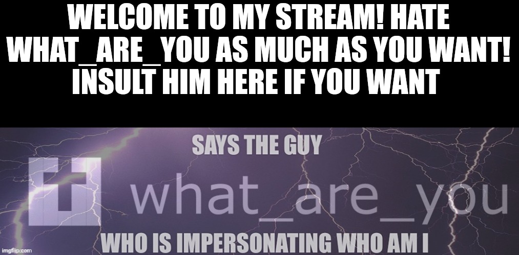 Welcome! | WELCOME TO MY STREAM! HATE WHAT_ARE_YOU AS MUCH AS YOU WANT!
INSULT HIM HERE IF YOU WANT | image tagged in says the guy who is impersonating who_am_i,memes,welcome | made w/ Imgflip meme maker