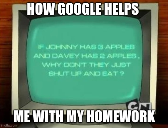 hey google solve my problem | HOW GOOGLE HELPS; ME WITH MY HOMEWORK | image tagged in courage the cowardly dog | made w/ Imgflip meme maker