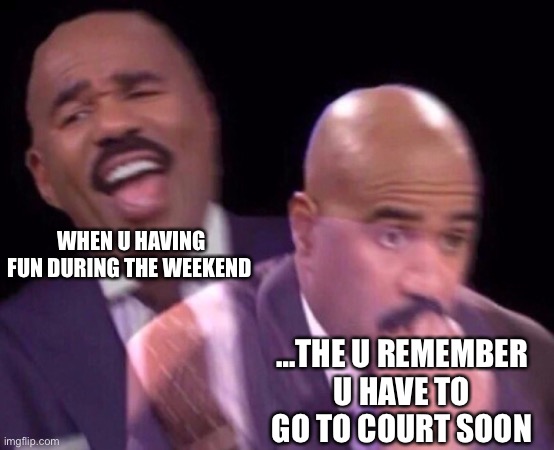 I dont wana go to court | WHEN U HAVING FUN DURING THE WEEKEND; …THE U REMEMBER U HAVE TO GO TO COURT SOON | image tagged in steve harvey laughing serious | made w/ Imgflip meme maker