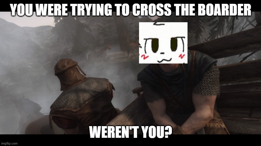 Skyrim you're finally awake | YOU WERE TRYING TO CROSS THE BOARDER; WEREN'T YOU? | image tagged in skyrim you're finally awake | made w/ Imgflip meme maker