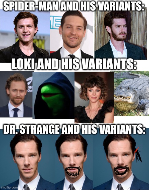 Funny how that works though… | SPIDER-MAN AND HIS VARIANTS:; LOKI AND HIS VARIANTS:; DR. STRANGE AND HIS VARIANTS: | image tagged in blank white template,marvel,multiverse | made w/ Imgflip meme maker