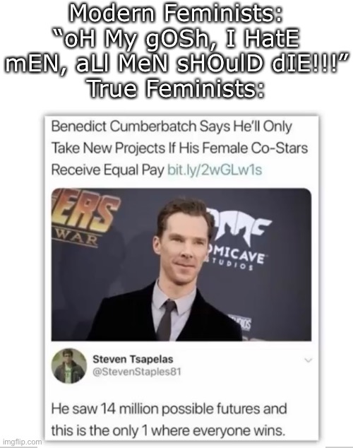 I have a whole new level of respect for Bennidict Cumberbatch (yes, I know I probably spelled his name wrong, sorry.) | Modern Feminists:
“oH My gOSh, I HatE mEN, aLl MeN sHOulD dIE!!!”
True Feminists: | image tagged in feminist,equality,gender equality | made w/ Imgflip meme maker