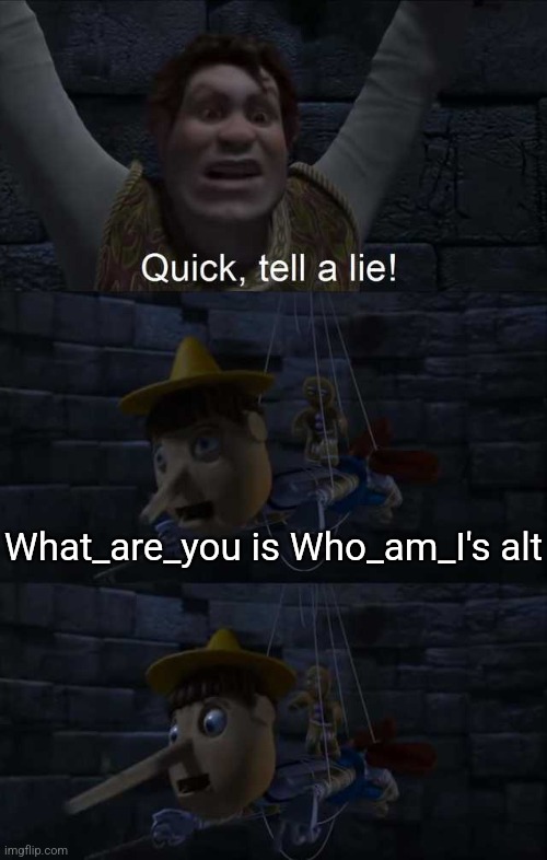 What_are_you has to stop with the cap | What_are_you is Who_am_I's alt | image tagged in quick tell a lie | made w/ Imgflip meme maker