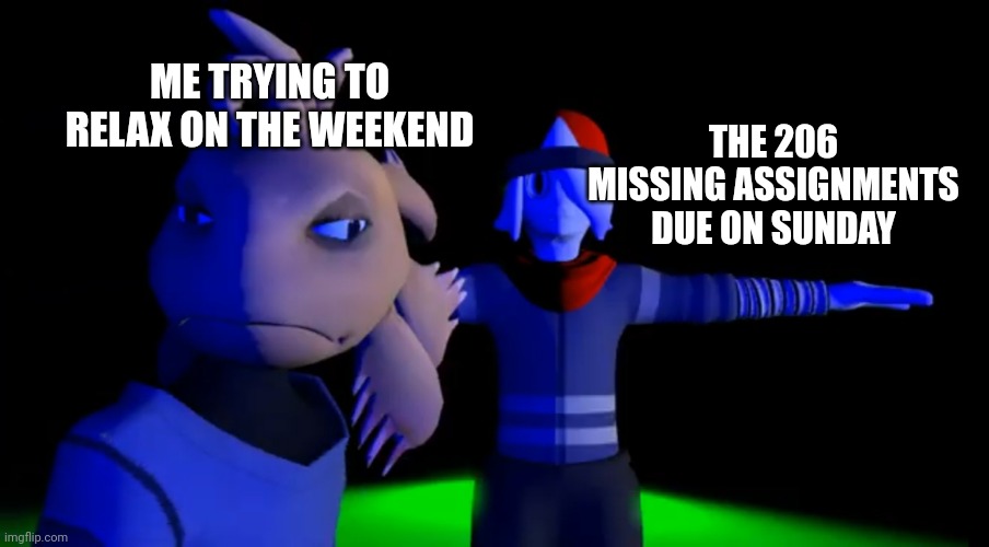 School weekends in a nutshell | THE 206 MISSING ASSIGNMENTS DUE ON SUNDAY; ME TRYING TO RELAX ON THE WEEKEND | image tagged in niles looking over axol from smg4 | made w/ Imgflip meme maker