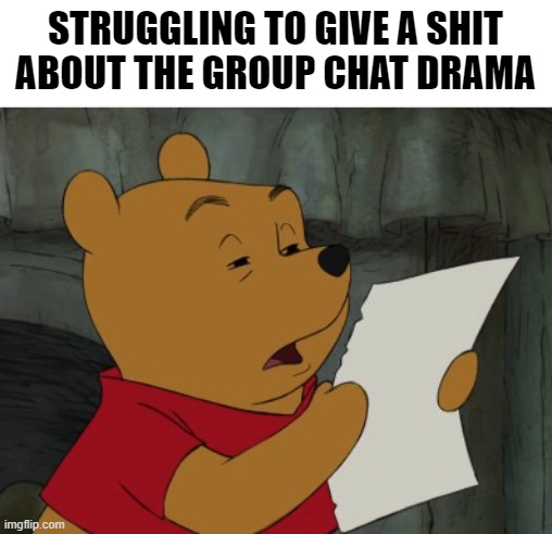 Winnie the Pooh reading | STRUGGLING TO GIVE A SHIT ABOUT THE GROUP CHAT DRAMA | image tagged in winnie the pooh reading,memes,drama,discord,group chats | made w/ Imgflip meme maker
