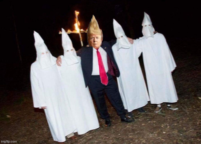 Trump's new hairdo is a-okkkay! | image tagged in donald trump,kkk,hairdo,maga,assimalated,fine people | made w/ Imgflip meme maker