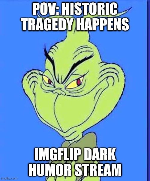 Good Grinch | POV: HISTORIC TRAGEDY HAPPENS; IMGFLIP DARK HUMOR STREAM | image tagged in good grinch | made w/ Imgflip meme maker