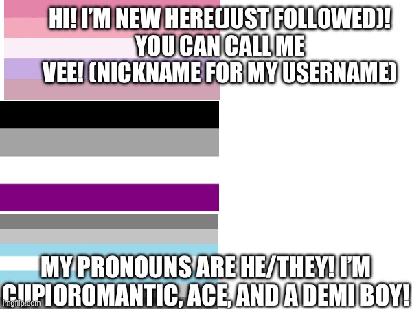 Hi… | HI! I’M NEW HERE(JUST FOLLOWED)!
YOU CAN CALL ME VEE! (NICKNAME FOR MY USERNAME); MY PRONOUNS ARE HE/THEY! I’M CUPIOROMANTIC, ACE, AND A DEMI BOY! | image tagged in gay pride,transgender | made w/ Imgflip meme maker