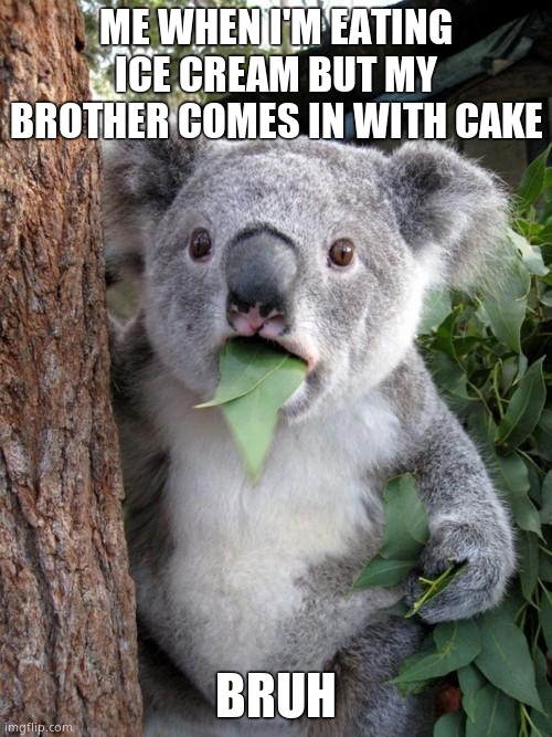 Surprised Koala | ME WHEN I'M EATING ICE CREAM BUT MY BROTHER COMES IN WITH CAKE; BRUH | image tagged in memes,surprised koala | made w/ Imgflip meme maker