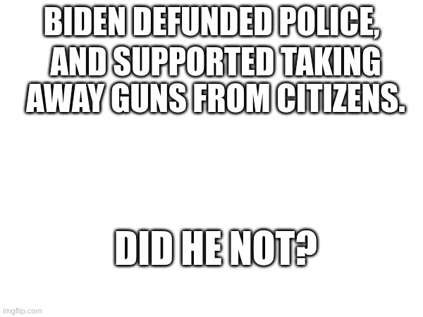 BIDEN DEFUNDED POLICE, AND SUPPORTED TAKING AWAY GUNS FROM CITIZENS. DID HE NOT? | image tagged in blank white template | made w/ Imgflip meme maker