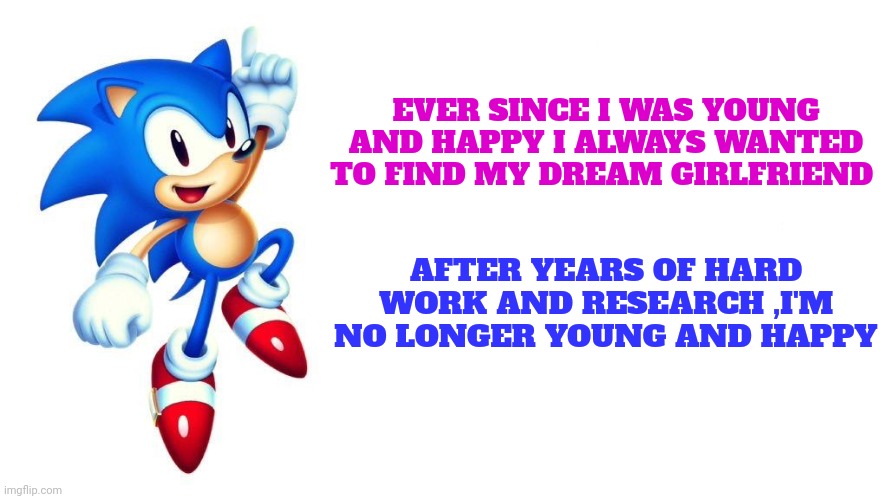 I'm in search of a girlfriend | AFTER YEARS OF HARD WORK AND RESEARCH ,I'M NO LONGER YOUNG AND HAPPY; EVER SINCE I WAS YOUNG AND HAPPY I ALWAYS WANTED TO FIND MY DREAM GIRLFRIEND | image tagged in classic sonic says,sonic says | made w/ Imgflip meme maker
