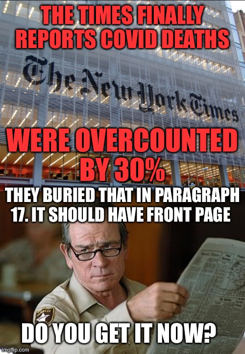 Wake up and smell the coffee! | THE TIMES FINALLY REPORTS COVID DEATHS; WERE OVERCOUNTED
BY 30%; THEY BURIED THAT IN PARAGRAPH 17. IT SHOULD HAVE FRONT PAGE; DO YOU GET IT NOW? | image tagged in new york times,covid deaths,over counted,30 percent | made w/ Imgflip meme maker