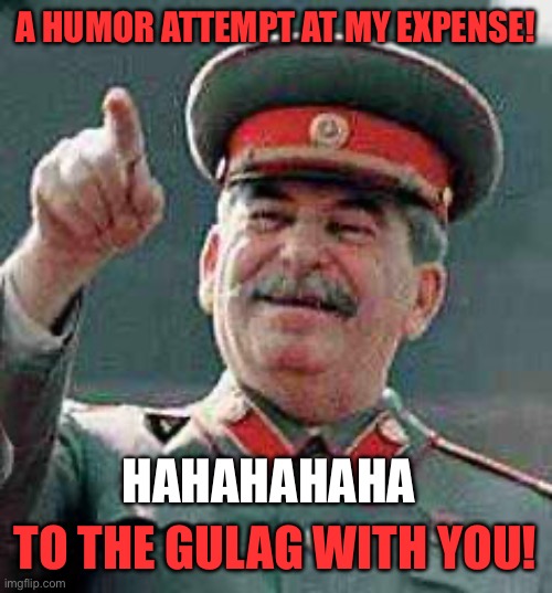 Stalin says | A HUMOR ATTEMPT AT MY EXPENSE! TO THE GULAG WITH YOU! HAHAHAHAHA | image tagged in stalin says | made w/ Imgflip meme maker