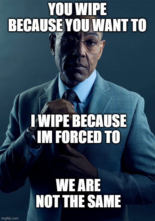 Gus Fring we are not the same | YOU WIPE BECAUSE YOU WANT TO; I WIPE BECAUSE IM FORCED TO; WE ARE NOT THE SAME | image tagged in gus fring we are not the same,memes | made w/ Imgflip meme maker