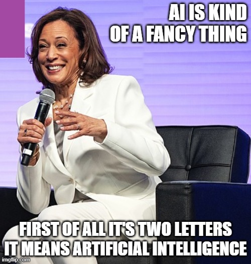 Veep Thoughts #32 | AI IS KIND OF A FANCY THING; FIRST OF ALL IT'S TWO LETTERS IT MEANS ARTIFICIAL INTELLIGENCE | image tagged in kamala harris | made w/ Imgflip meme maker