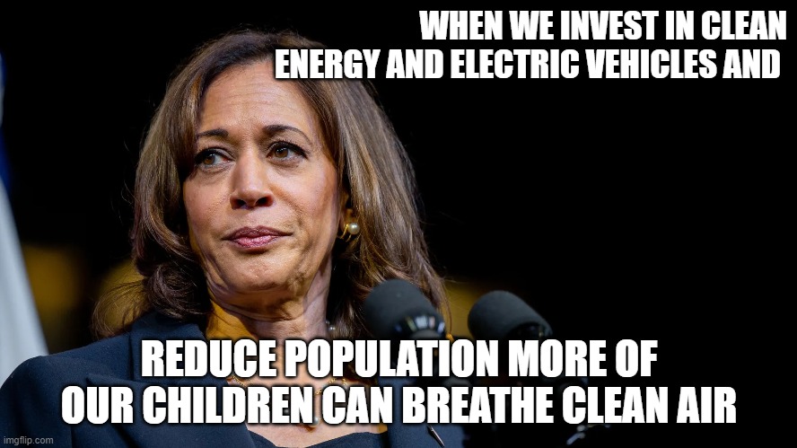 Veep Thoughts #33 | WHEN WE INVEST IN CLEAN ENERGY AND ELECTRIC VEHICLES AND; REDUCE POPULATION MORE OF OUR CHILDREN CAN BREATHE CLEAN AIR | image tagged in kamala harris | made w/ Imgflip meme maker