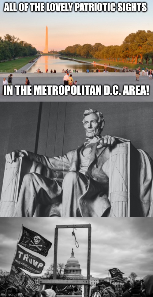 ALL OF THE LOVELY PATRIOTIC SIGHTS IN THE METROPOLITAN D.C. AREA! | image tagged in washington monument reflecting pool,lincoln memorial,capitol hill riot gallows | made w/ Imgflip meme maker