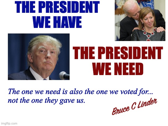 DJT - the President we need | THE PRESIDENT
WE HAVE; THE PRESIDENT
WE NEED; The one we need is also the one we voted for...
not the one they gave us. Bruce C Linder | image tagged in president trump,joe biden,dementia,sniffing | made w/ Imgflip meme maker