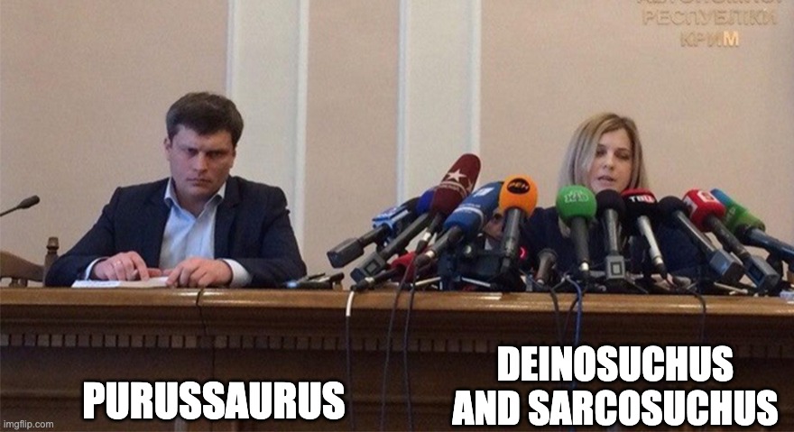 Admittedly deinosuchus deserves attention, but so does purussaurus! | PURUSSAURUS; DEINOSUCHUS AND SARCOSUCHUS | image tagged in man and woman microphone | made w/ Imgflip meme maker
