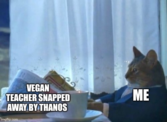 Vegan teacher was snapped away by Thanos | VEGAN TEACHER SNAPPED AWAY BY THANOS; ME | image tagged in memes,i should buy a boat cat | made w/ Imgflip meme maker