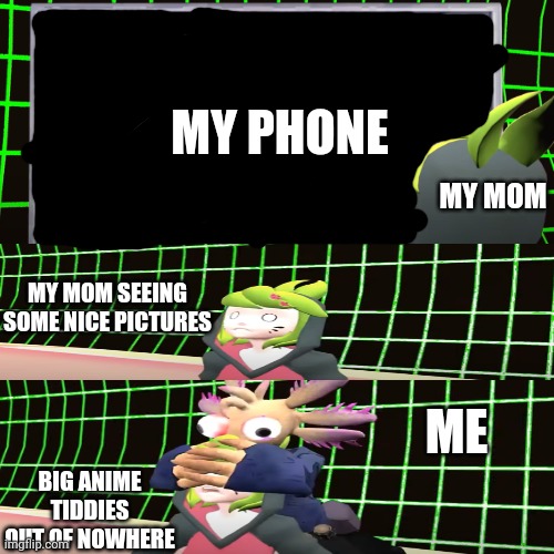 Alternative version I guess | MY PHONE; MY MOM; MY MOM SEEING SOME NICE PICTURES; BIG ANIME TIDDIES OUT OF NOWHERE; ME | image tagged in smg4 shocked melony | made w/ Imgflip meme maker