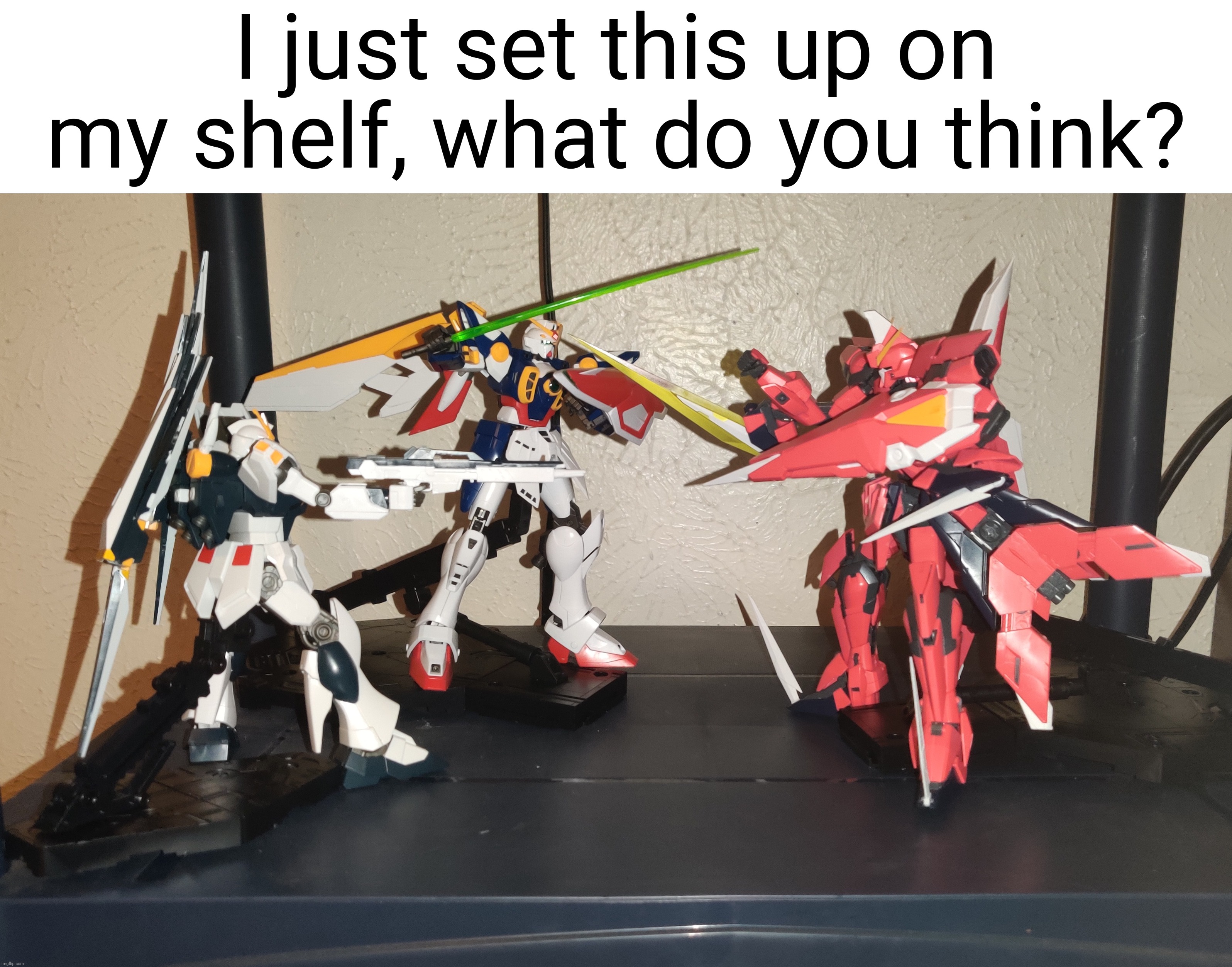 The RX-93 looks TINY compared to the master grades lol | I just set this up on my shelf, what do you think? | made w/ Imgflip meme maker