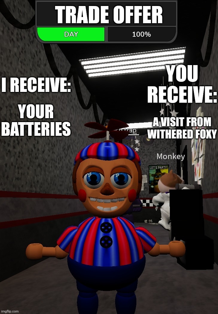New Template | YOUR BATTERIES; A VISIT FROM WITHERED FOXY | image tagged in trade offer | made w/ Imgflip meme maker