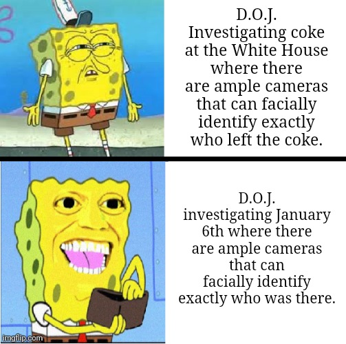 sponge bob money | D.O.J. Investigating coke at the White House where there are ample cameras that can facially identify exactly who left the coke. D.O.J. investigating January 6th where there are ample cameras that can facially identify exactly who was there. | image tagged in sponge bob money,share a coke with,white house,doj,government corruption | made w/ Imgflip meme maker