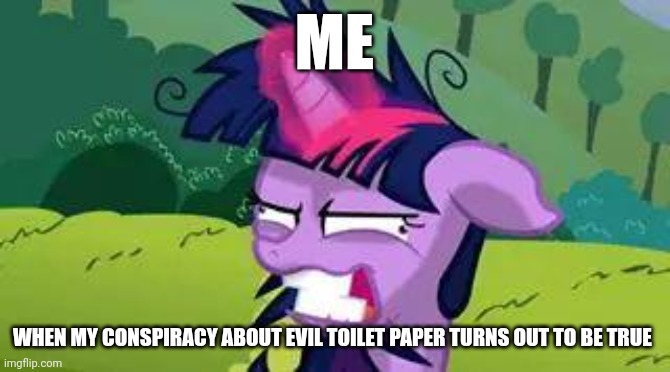 Toilet paper is evil | ME; WHEN MY CONSPIRACY ABOUT EVIL TOILET PAPER TURNS OUT TO BE TRUE | image tagged in mlp | made w/ Imgflip meme maker