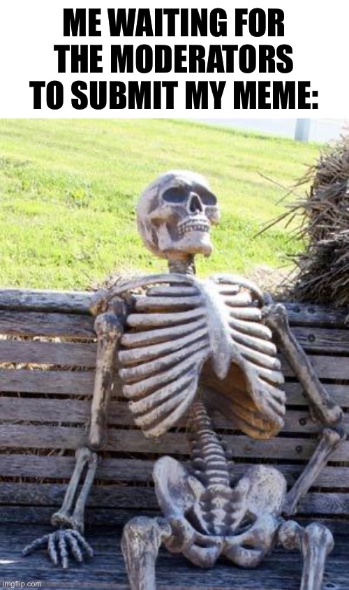 It take so long | ME WAITING FOR THE MODERATORS TO SUBMIT MY MEME: | image tagged in memes,waiting skeleton | made w/ Imgflip meme maker