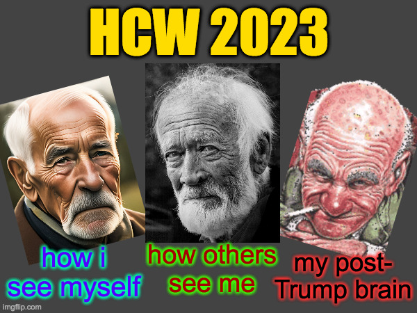 For the record. | HCW 2023; how i see myself; my post-
Trump brain; how others
see me | image tagged in memes,heavencanwait,2023 | made w/ Imgflip meme maker