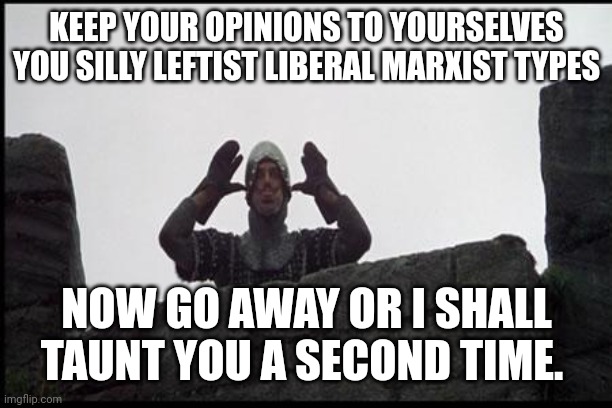 French Taunting in Monty Python's Holy Grail | KEEP YOUR OPINIONS TO YOURSELVES YOU SILLY LEFTIST LIBERAL MARXIST TYPES NOW GO AWAY OR I SHALL TAUNT YOU A SECOND TIME. | image tagged in french taunting in monty python's holy grail | made w/ Imgflip meme maker