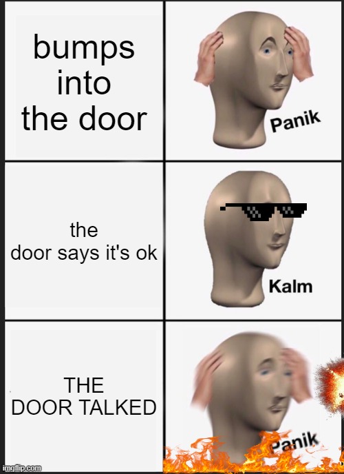 NANI | bumps into the door; the door says it's ok; THE DOOR TALKED | image tagged in memes,panik kalm panik | made w/ Imgflip meme maker