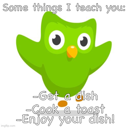 things duolingo teaches you | Some things I teach you:; -Get a dish
-Cook a toast; -Enjoy your dish! | image tagged in duolingo bird,andrewrewrite15,duolingo | made w/ Imgflip meme maker