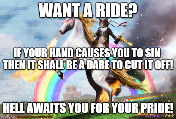 Cat riding unicorn | WANT A RIDE? IF YOUR HAND CAUSES YOU TO SIN  THEN IT SHALL BE A DARE TO CUT IT OFF! HELL AWAITS YOU FOR YOUR PRIDE! | image tagged in cat riding unicorn | made w/ Imgflip meme maker
