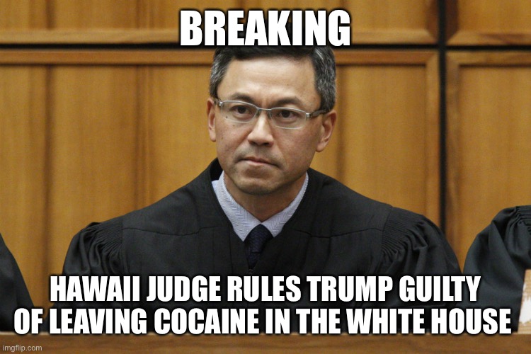 Hawaii Judge | BREAKING; HAWAII JUDGE RULES TRUMP GUILTY OF LEAVING COCAINE IN THE WHITE HOUSE | image tagged in hawaii judge | made w/ Imgflip meme maker