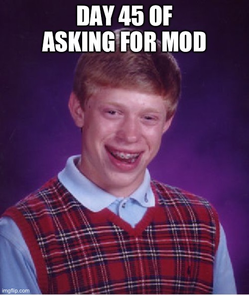Bad Luck Brian Meme | DAY 45 OF ASKING FOR MOD | image tagged in memes,bad luck brian | made w/ Imgflip meme maker