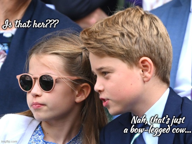 No, it can't be her... | Is that her??? Nah, that's just a bow-legged cow... | image tagged in prince george,princess charlotte,sunglasses,lovely children | made w/ Imgflip meme maker
