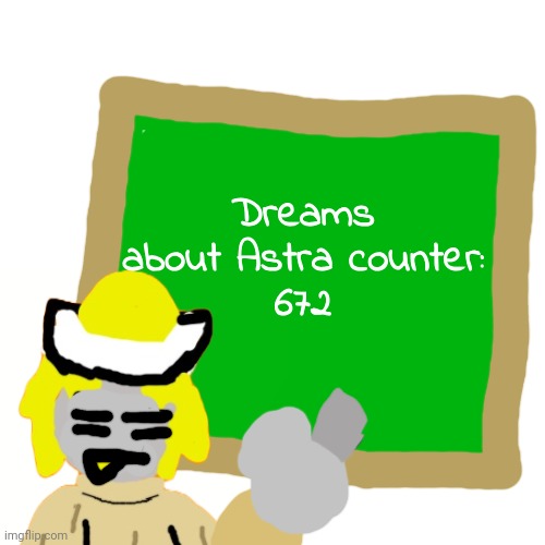 Yes he has a (hidden) board where he keeps track of that. He tries to not to, but that ends up doing the exact opposite instead. | Dreams about Astra counter:
672 | made w/ Imgflip meme maker