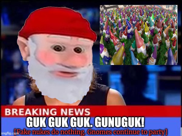 But why? Why would you do that? | [Fake nukes do nothing. Gnomes continue to party]; GUK GUK GUK. GUNUGUK! | image tagged in breaking news,gnomes | made w/ Imgflip meme maker