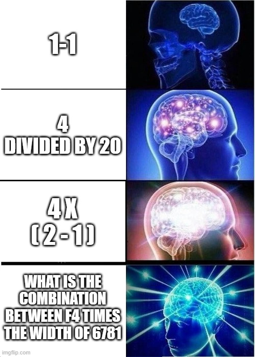 Expanding Brain Meme | 1-1; 4 DIVIDED BY 20; 4 X ( 2 - 1 ); WHAT IS THE COMBINATION BETWEEN F4 TIMES THE WIDTH OF 6781 | image tagged in memes,expanding brain | made w/ Imgflip meme maker