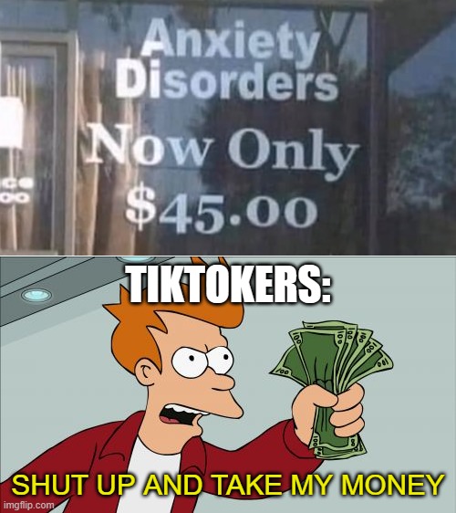 Shut Up And Take My Money Fry | TIKTOKERS:; SHUT UP AND TAKE MY MONEY | image tagged in memes,shut up and take my money fry,anxiety,disorders,tiktok sucks | made w/ Imgflip meme maker