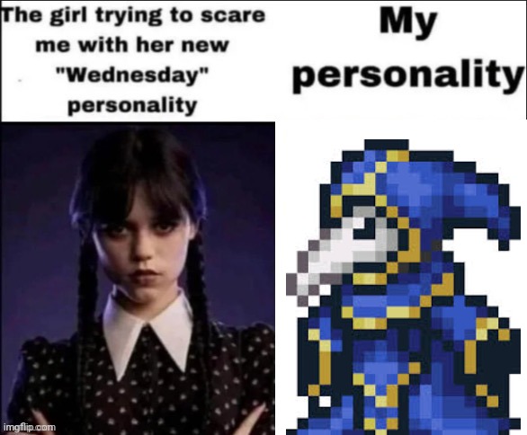 *Funny birdman noises.* | image tagged in the girl trying to scare me with her new wednesday personality | made w/ Imgflip meme maker