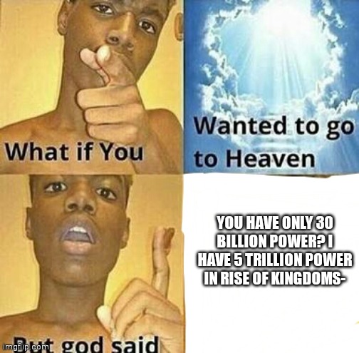 What if you wanted to go to Heaven | YOU HAVE ONLY 30 BILLION POWER? I HAVE 5 TRILLION POWER IN RISE OF KINGDOMS- | image tagged in what if you wanted to go to heaven | made w/ Imgflip meme maker