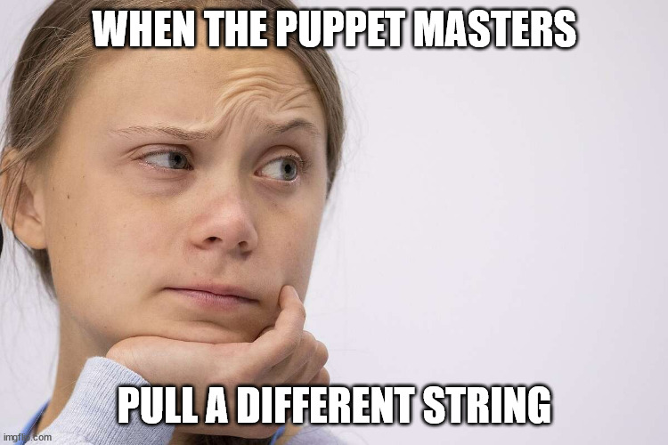 Puppet | WHEN THE PUPPET MASTERS; PULL A DIFFERENT STRING | image tagged in greta thunberg,climate change | made w/ Imgflip meme maker